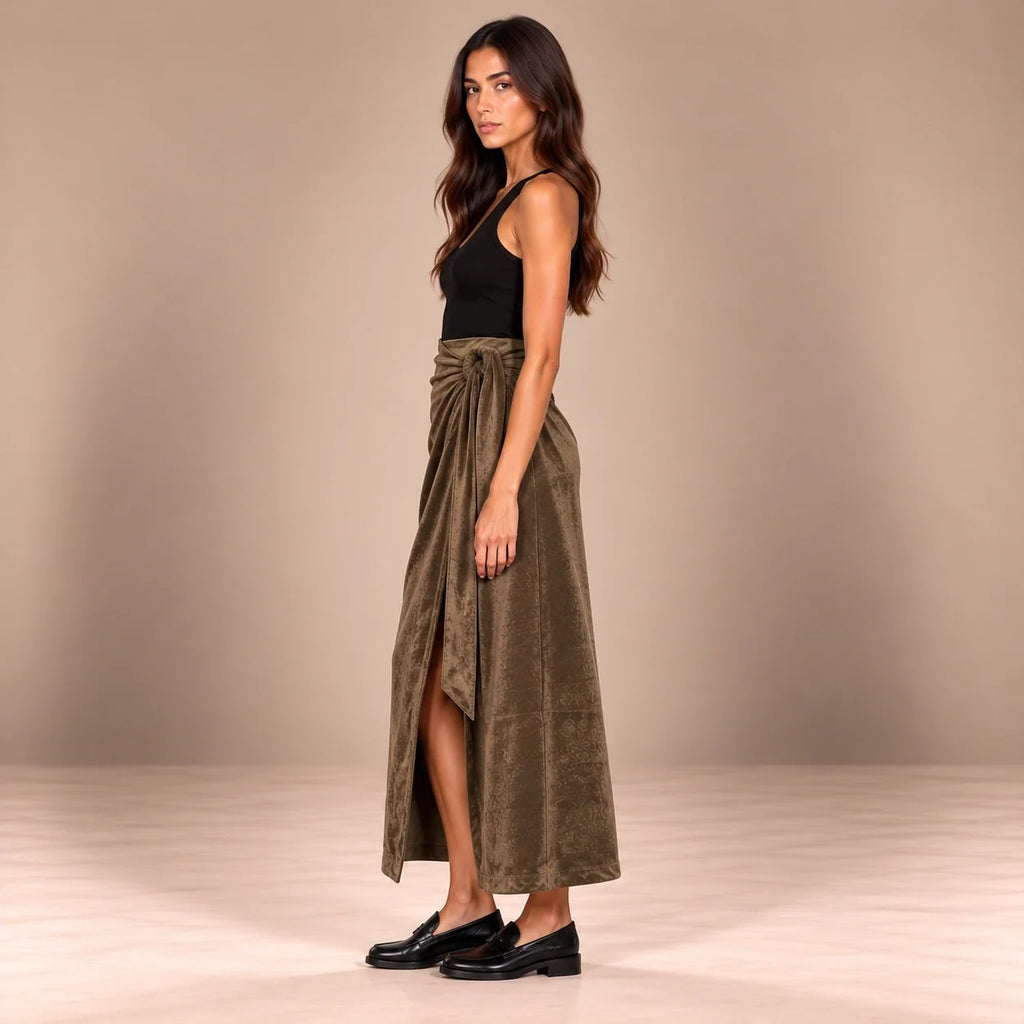 Knot Tie Suede Wrap Skirt in Brown — ONE MORE