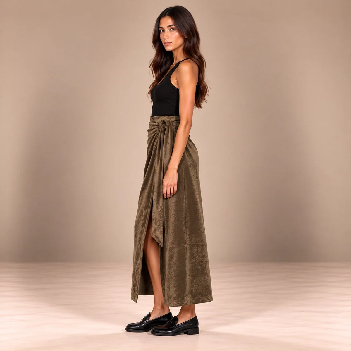 Knot Tie Suede Wrap Skirt in Brown — ONE MORE