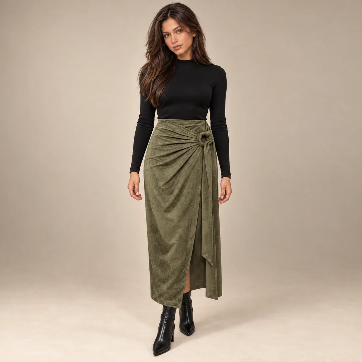 Knot Tie Suede Wrap Skirt in Olive — ONE MORE