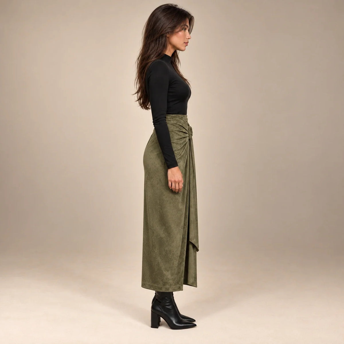 Knot Tie Suede Wrap Skirt in Olive — ONE MORE