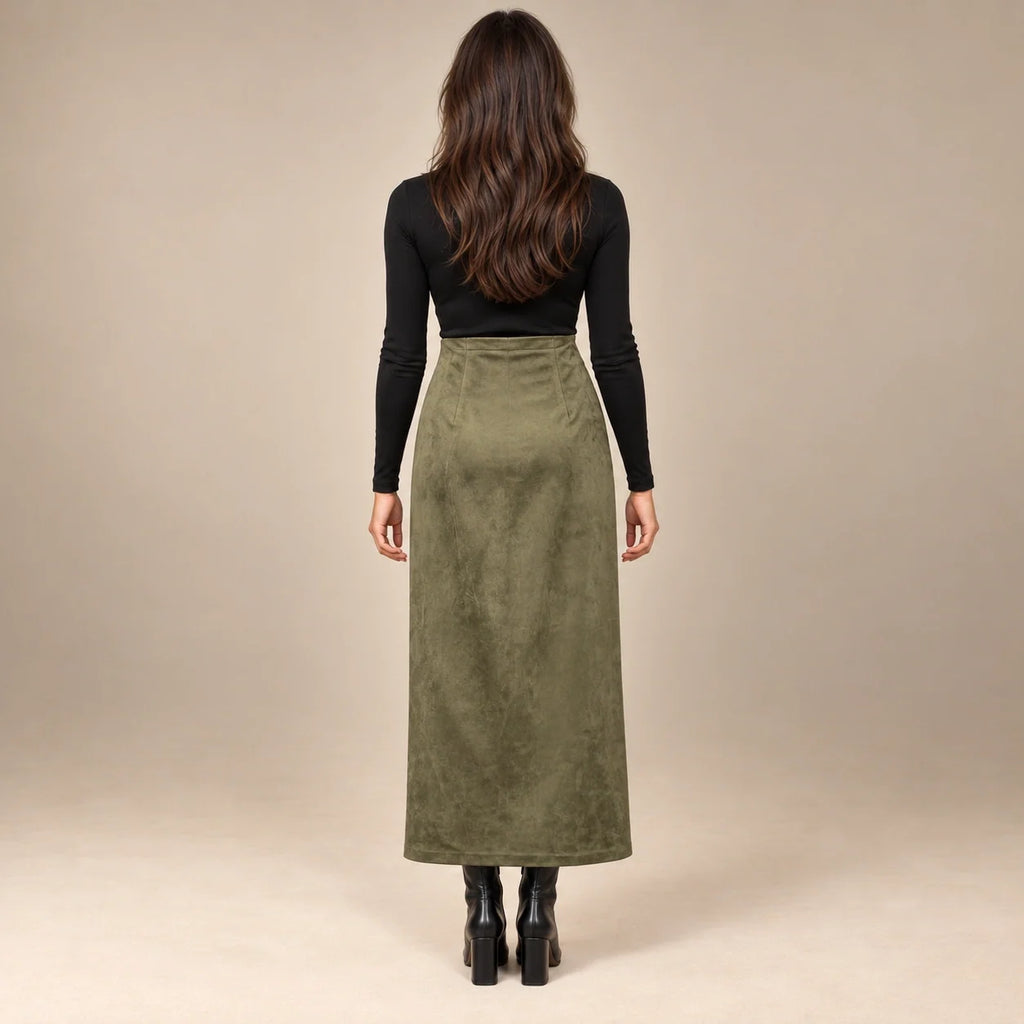 Knot Tie Suede Wrap Skirt in Olive — ONE MORE