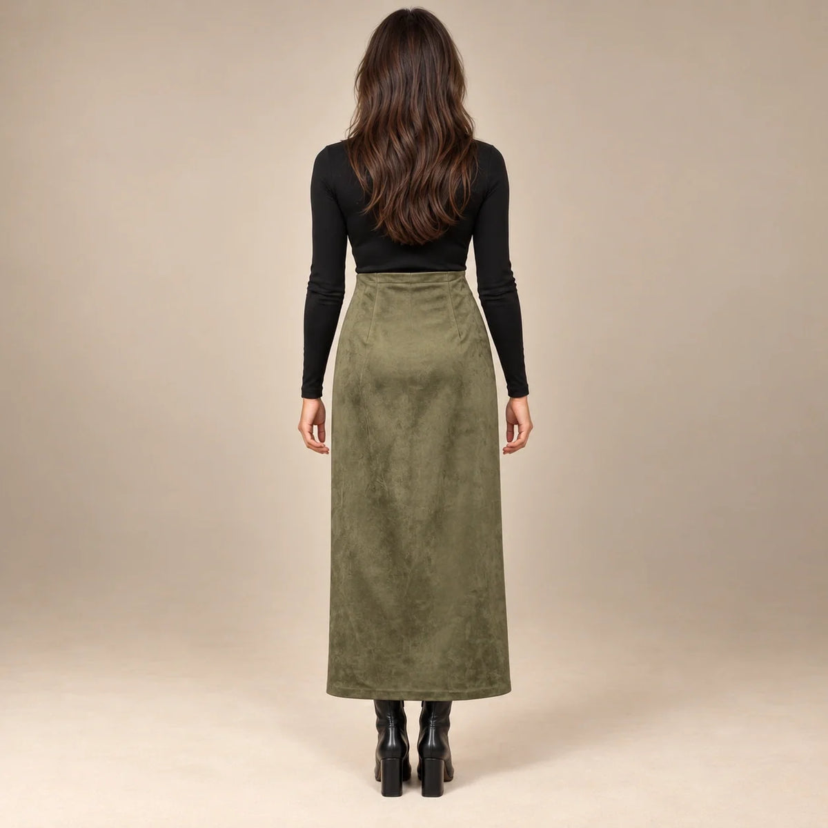 Knot Tie Suede Wrap Skirt in Olive — ONE MORE