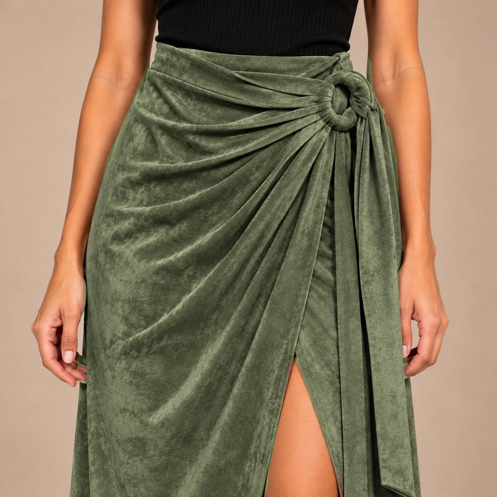 Knot Tie Suede Wrap Skirt in Olive — ONE MORE