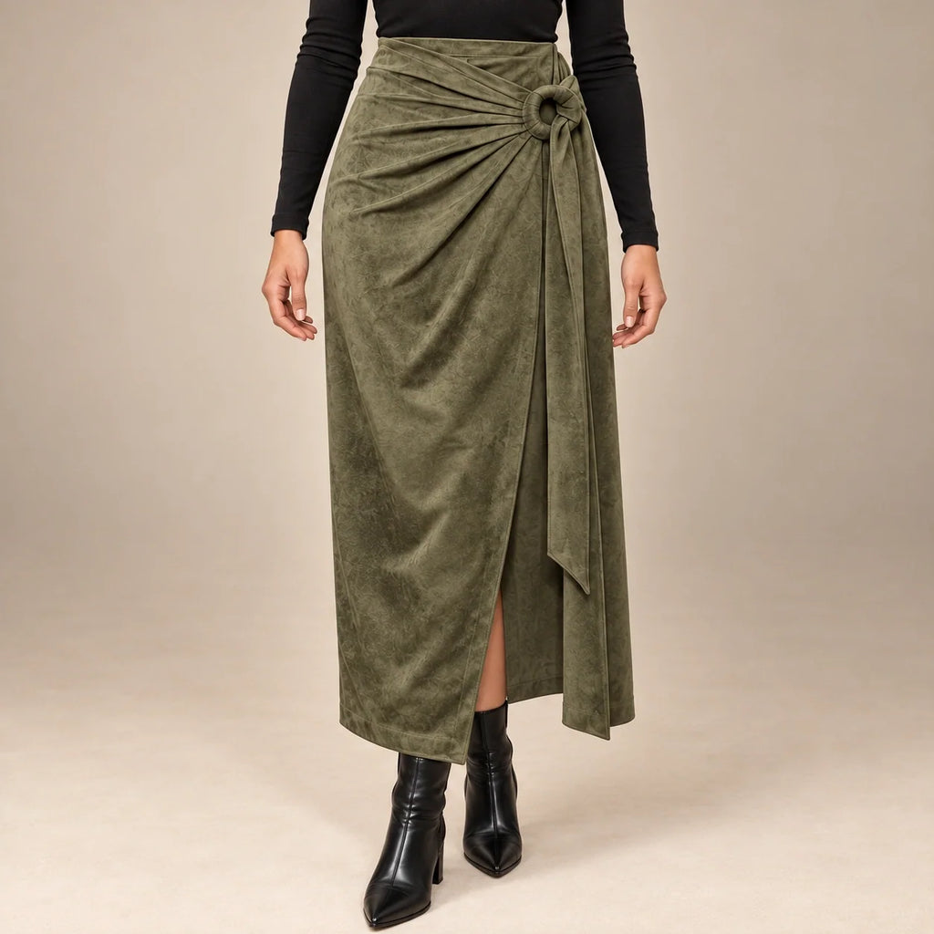 Knot Tie Suede Wrap Skirt in Olive — ONE MORE