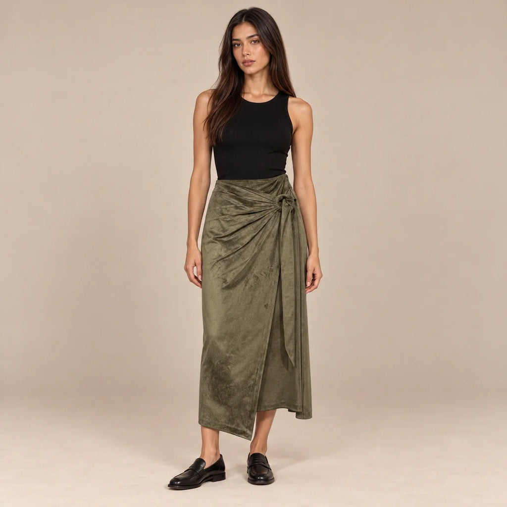 Knot Tie Suede Wrap Skirt in Olive — ONE MORE