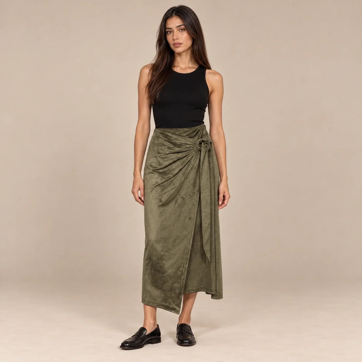 Knot Tie Suede Wrap Skirt in Olive — ONE MORE