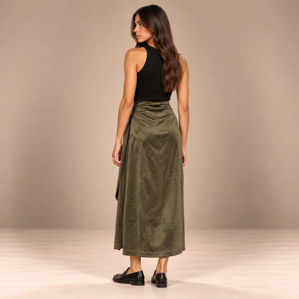 Knot Tie Suede Wrap Skirt in Olive — ONE MORE