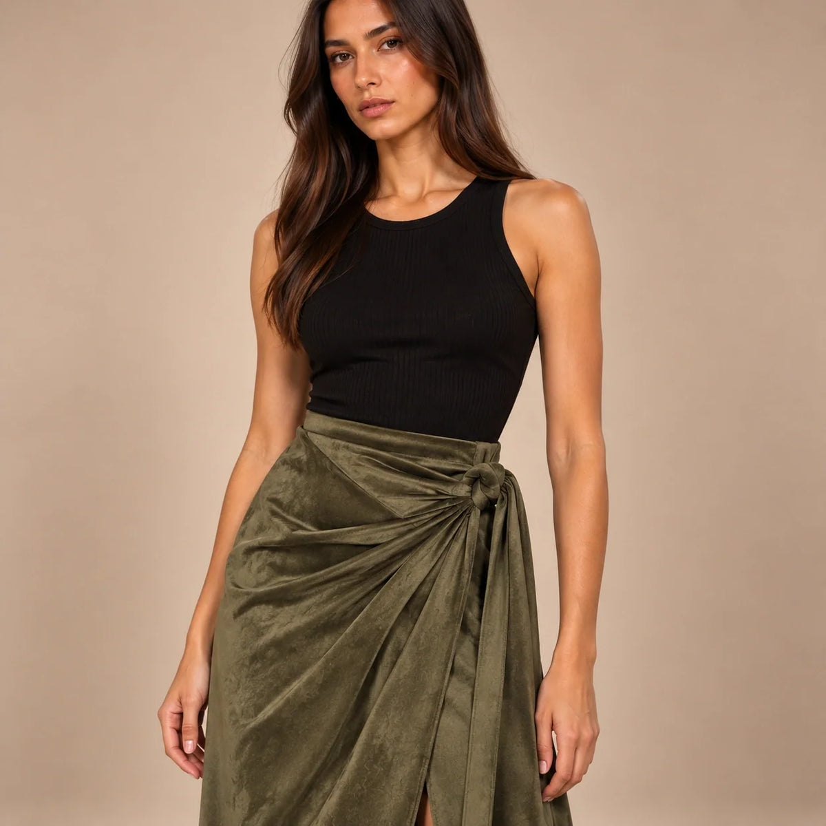 Knot Tie Suede Wrap Skirt in Olive — ONE MORE
