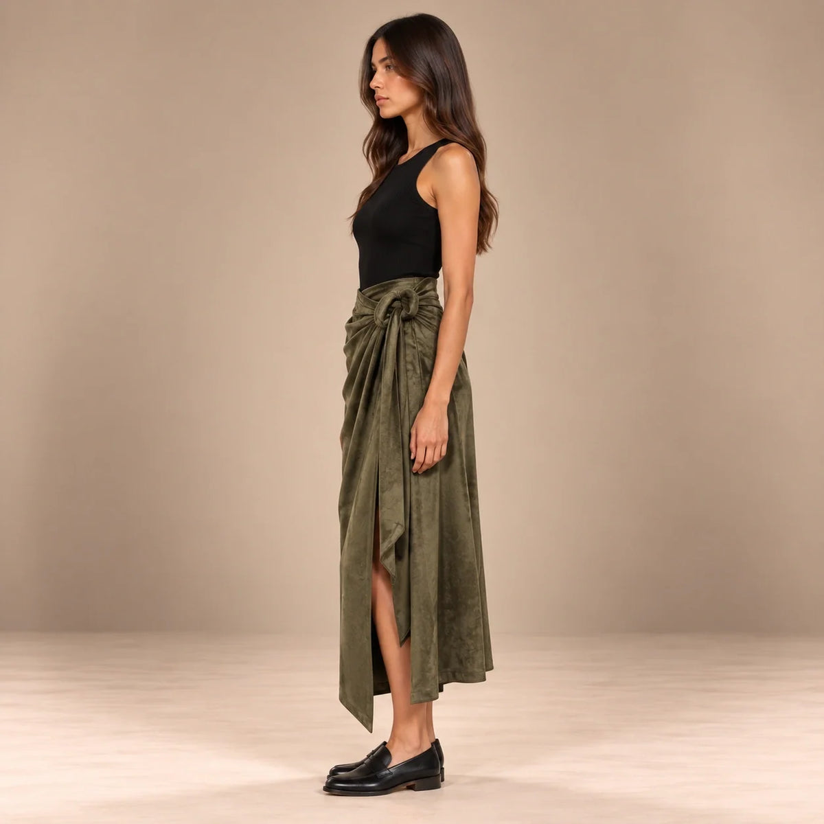 Knot Tie Suede Wrap Skirt in Olive — ONE MORE