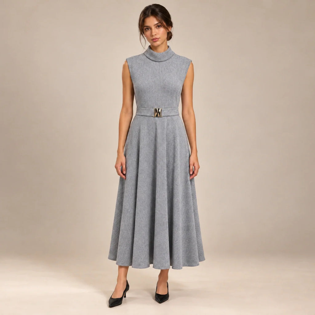 Belted Funnel Neck Midi Dress in Gray — ONE MORE