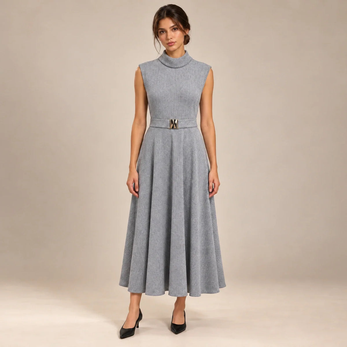 Belted Funnel Neck Midi Dress in Gray — ONE MORE