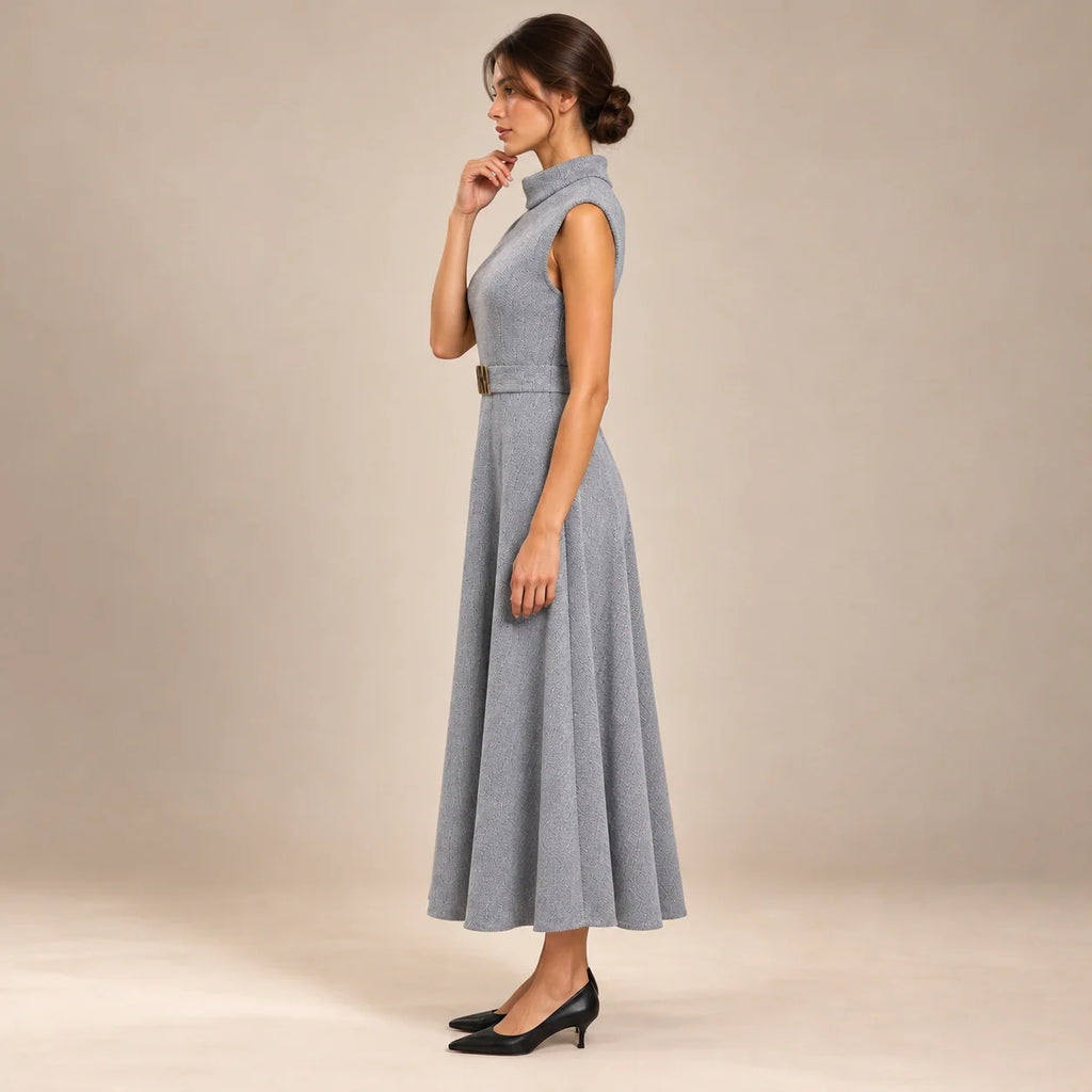 Belted Funnel Neck Midi Dress in Gray — ONE MORE