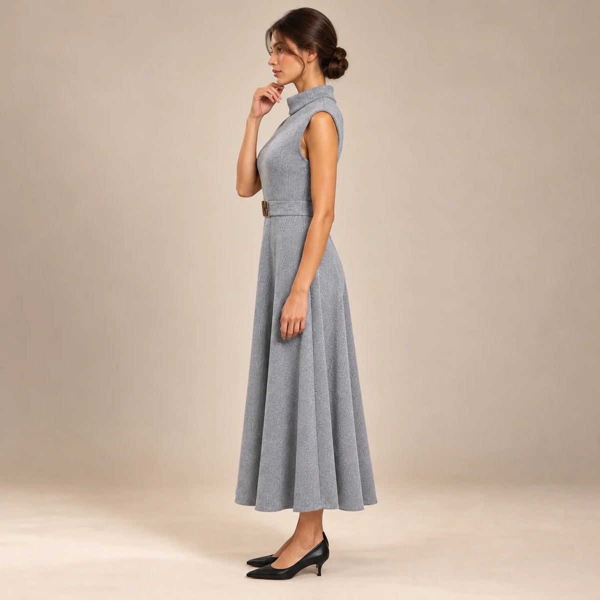 Belted Funnel Neck Midi Dress in Gray — ONE MORE