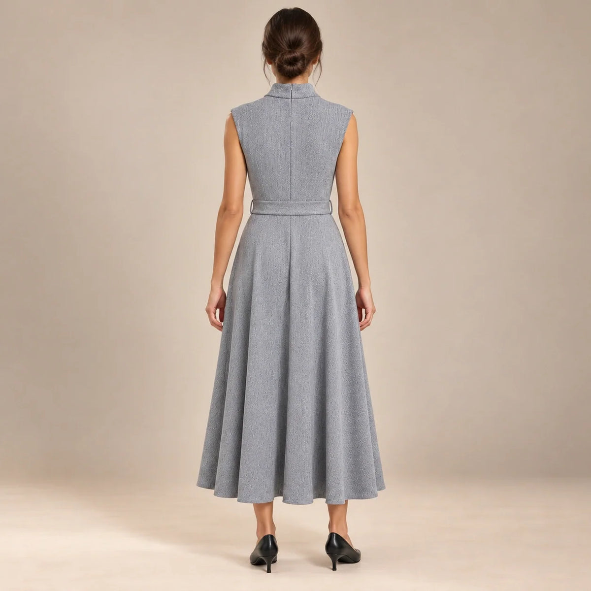 Belted Funnel Neck Midi Dress in Gray — ONE MORE