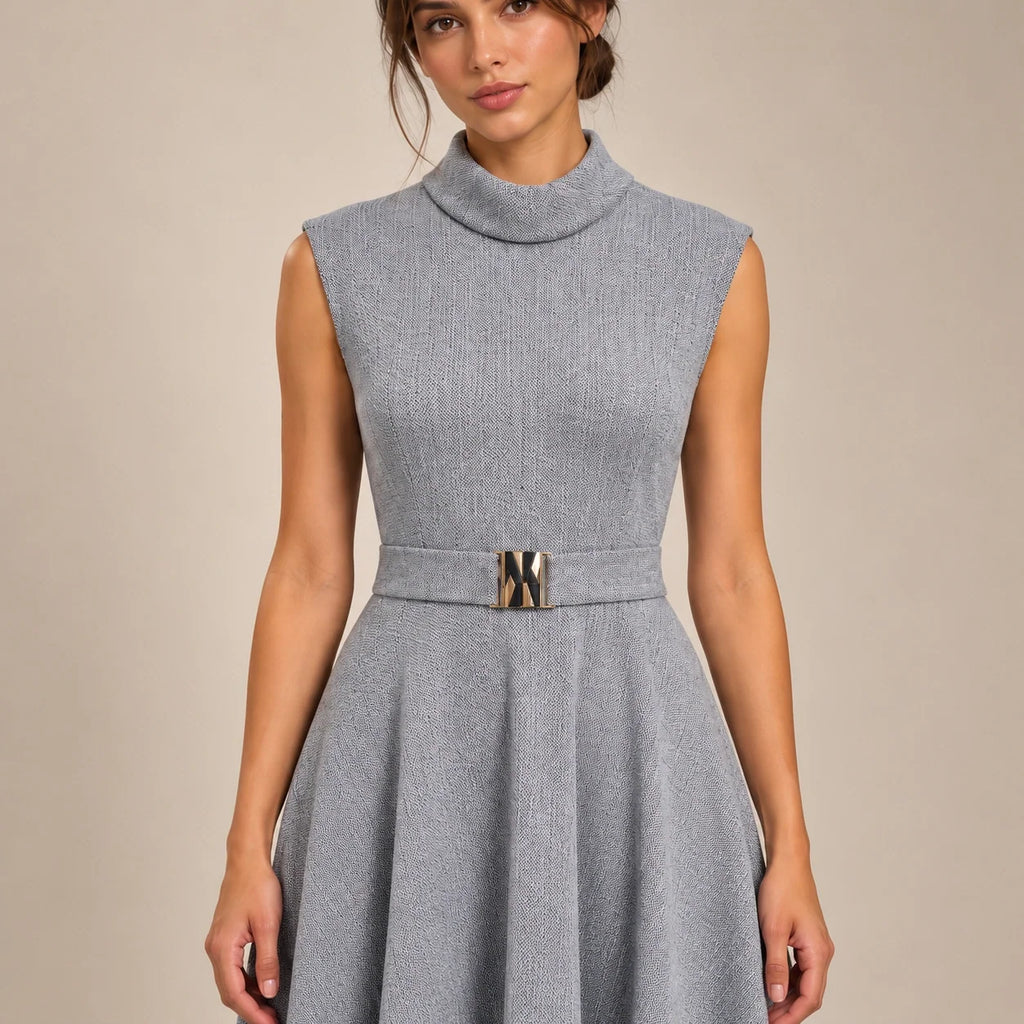 Belted Funnel Neck Midi Dress in Gray — ONE MORE