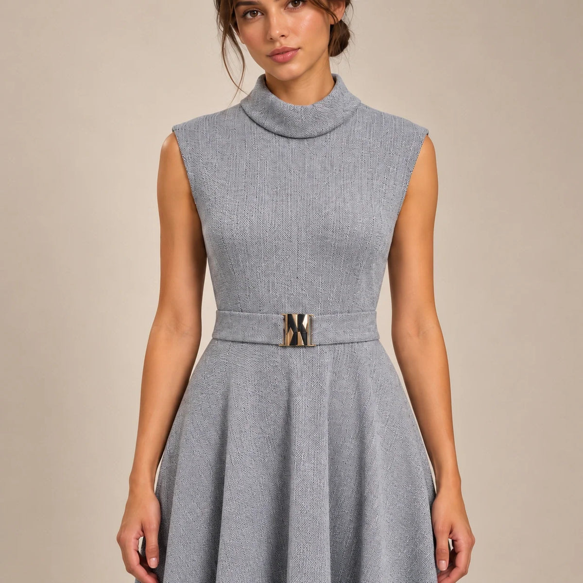 Belted Funnel Neck Midi Dress in Gray — ONE MORE