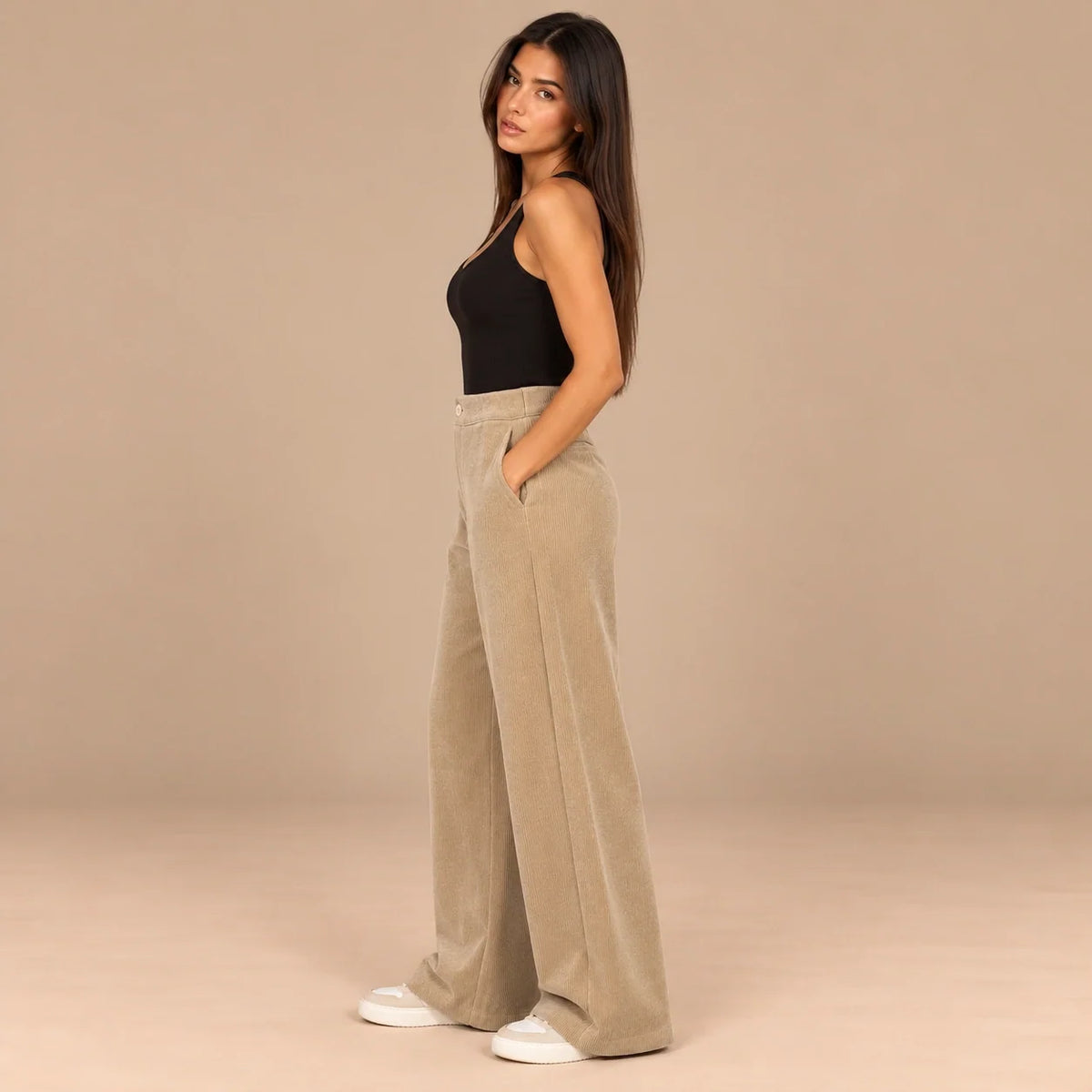Corduroy Wide-Leg Trousers in Beige — ONE MORE