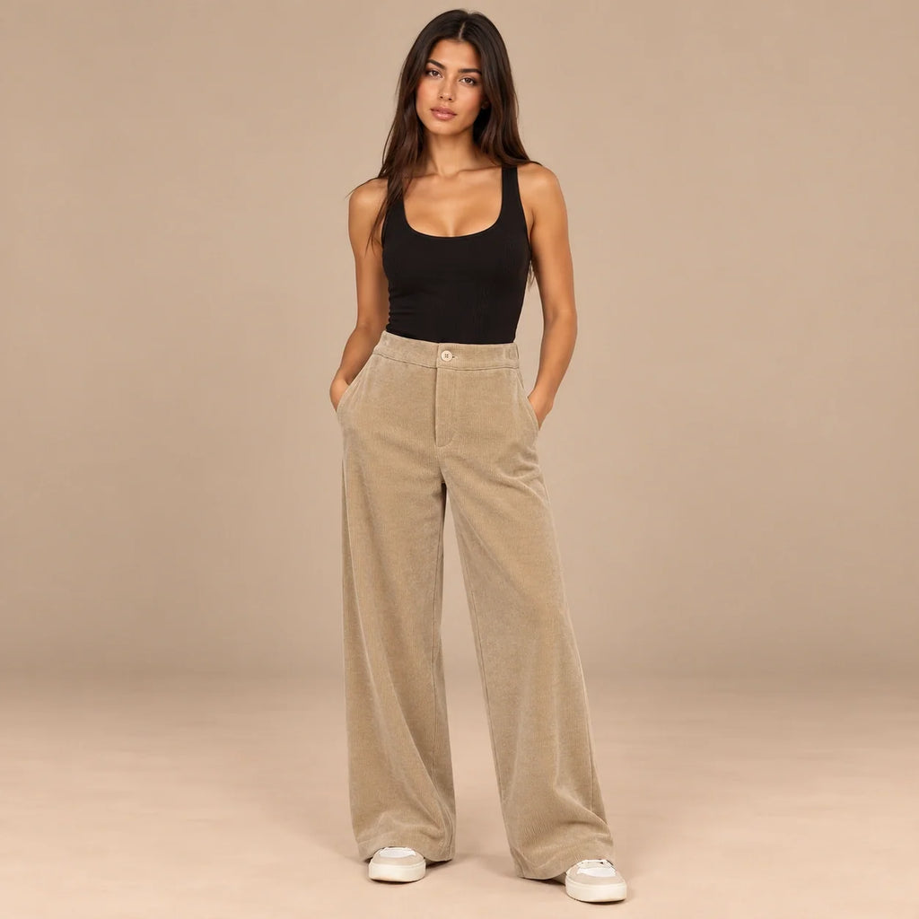 Corduroy Wide-Leg Trousers in Beige — ONE MORE