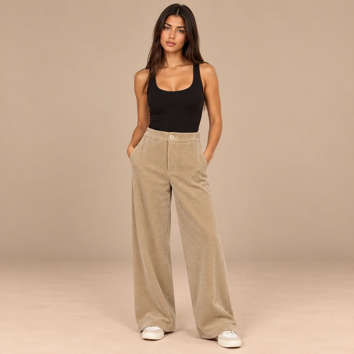 Corduroy Wide-Leg Trousers in Beige — ONE MORE