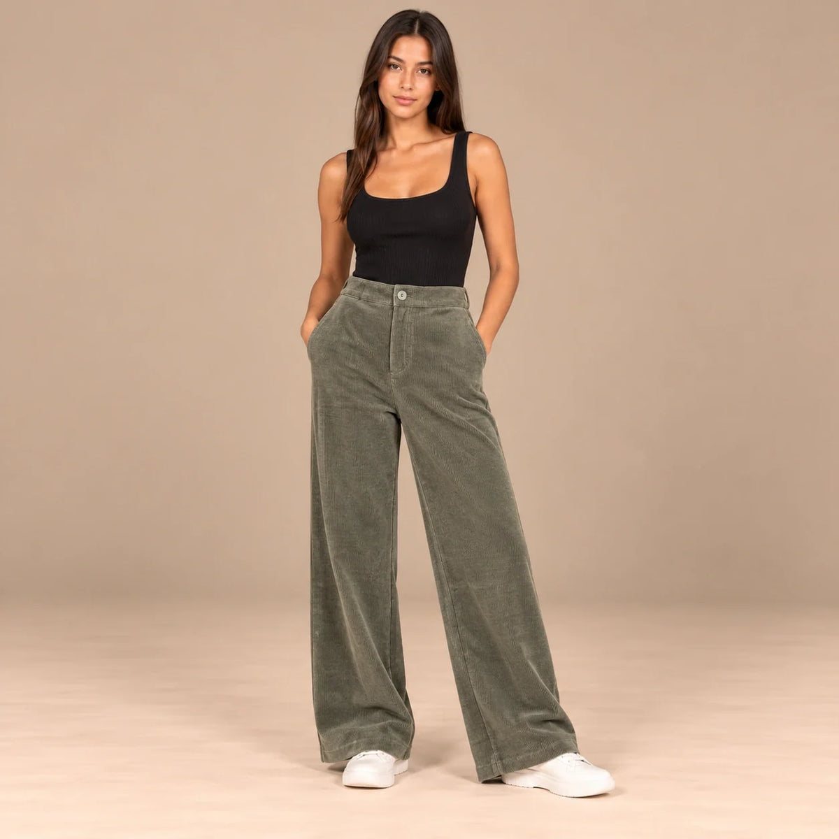 Corduroy Wide-Leg Trousers in Olive — ONE MORE