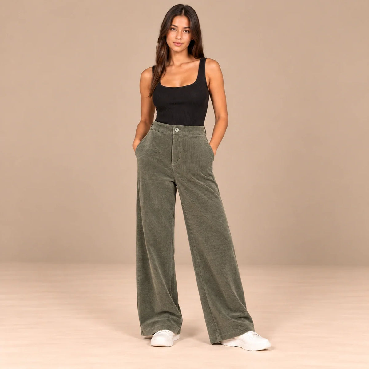 Corduroy Wide-Leg Trousers in Olive — ONE MORE