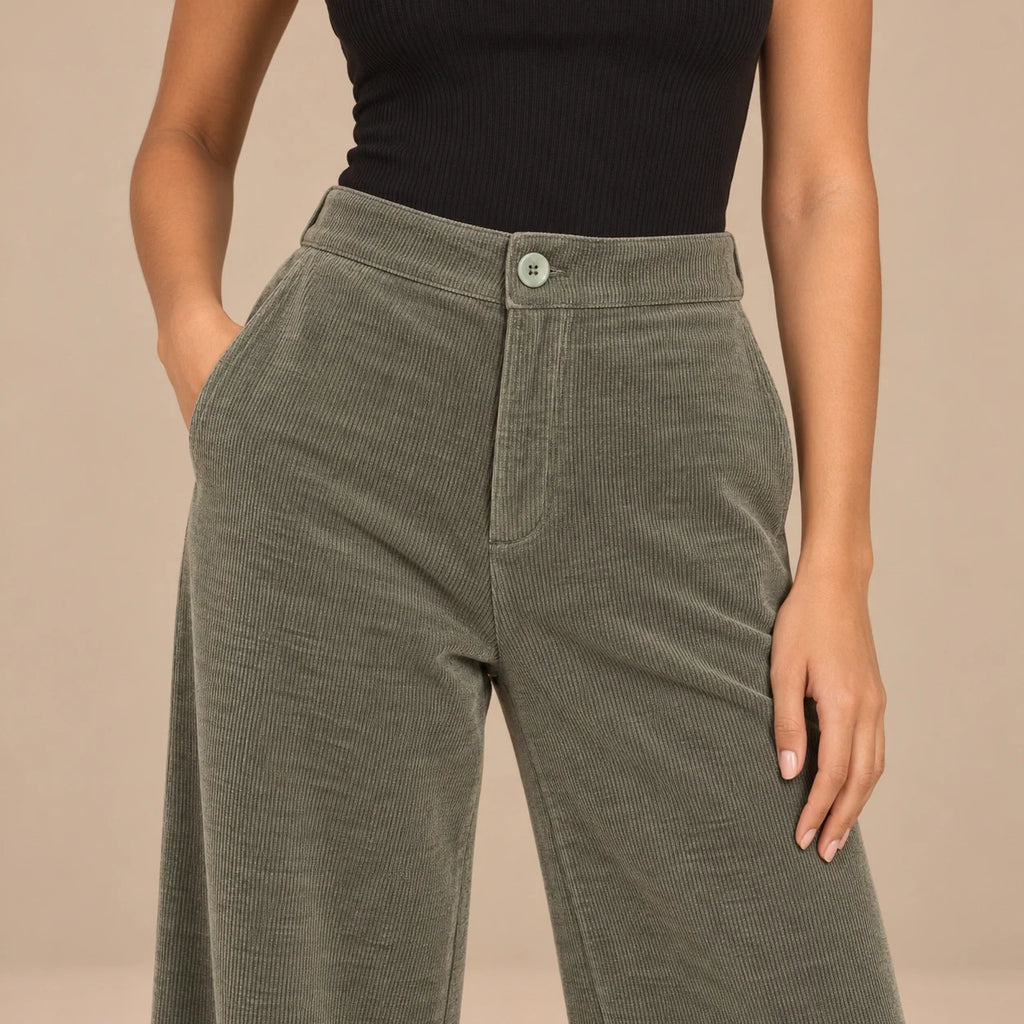 Corduroy Wide-Leg Trousers in Olive — ONE MORE