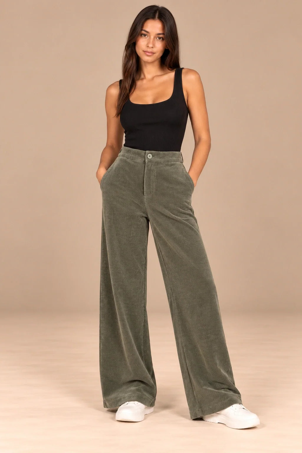 Corduroy Wide-Leg Trousers in Olive — ONE MORE