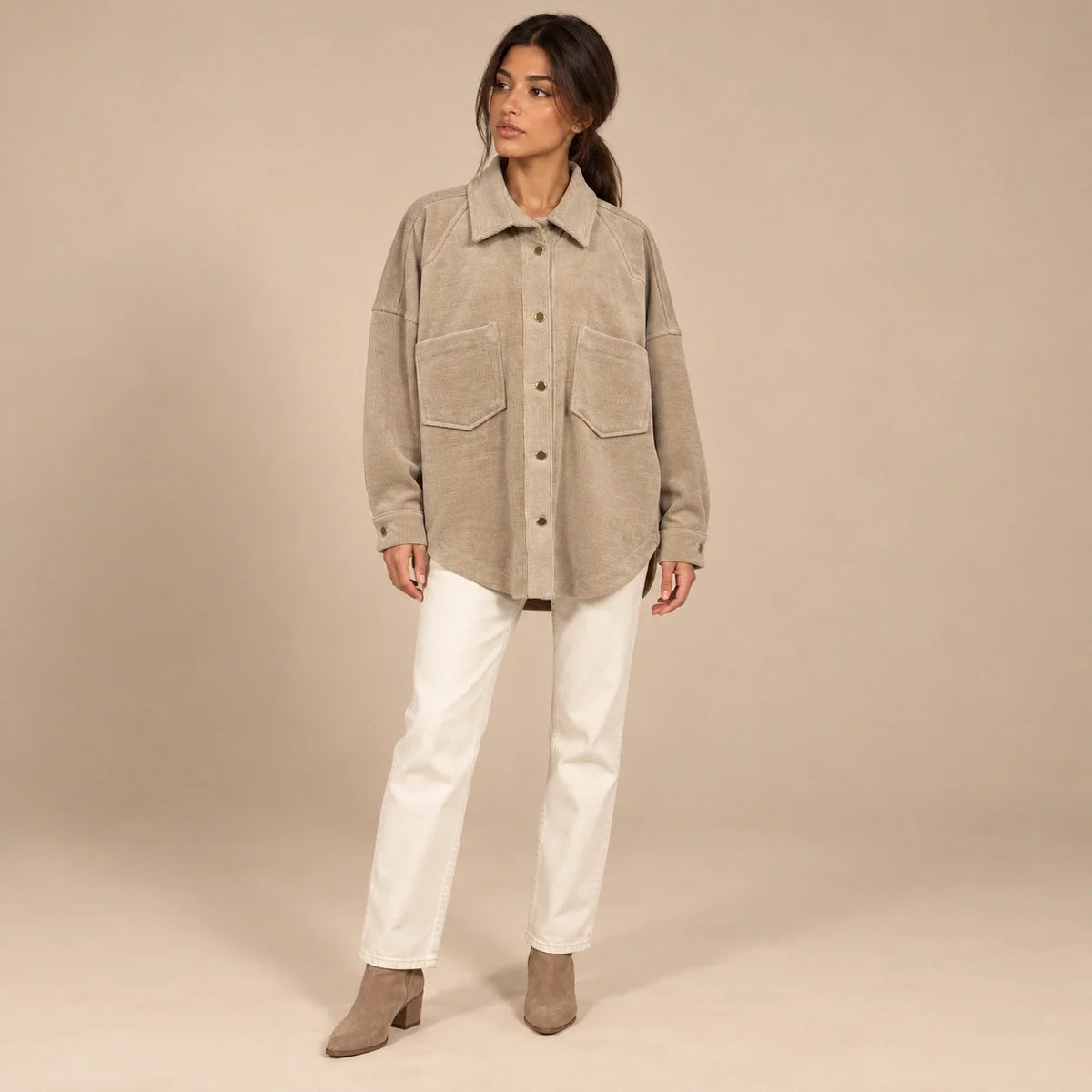Oversized Corduroy Shacket in Beige — ONE MORE