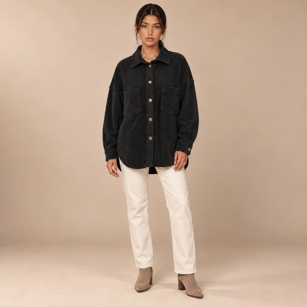 Oversized Corduroy Shacket in Black — ONE MORE