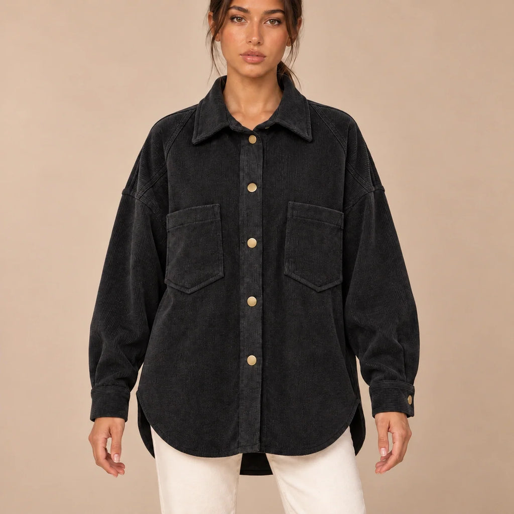 Oversized Corduroy Shacket in Black — ONE MORE