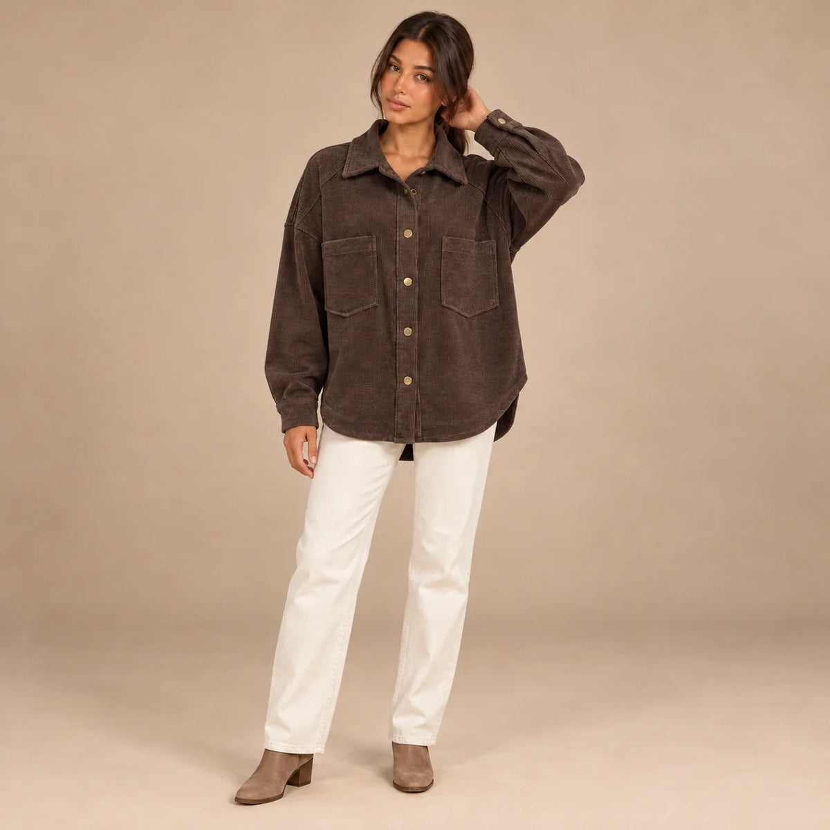 Oversized Corduroy Shacket in Brown — ONE MORE