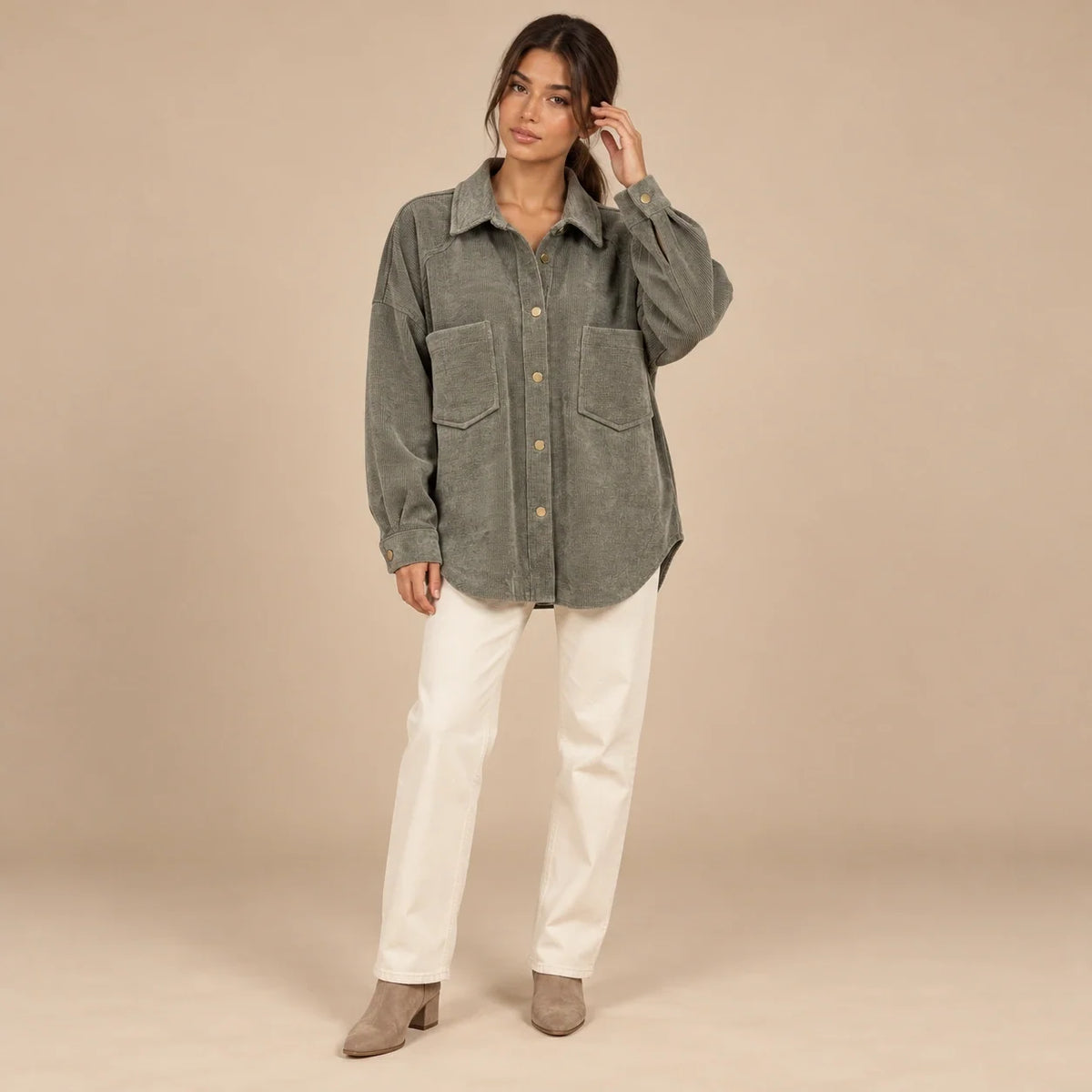 Oversized Corduroy Shacket in Olive — ONE MORE