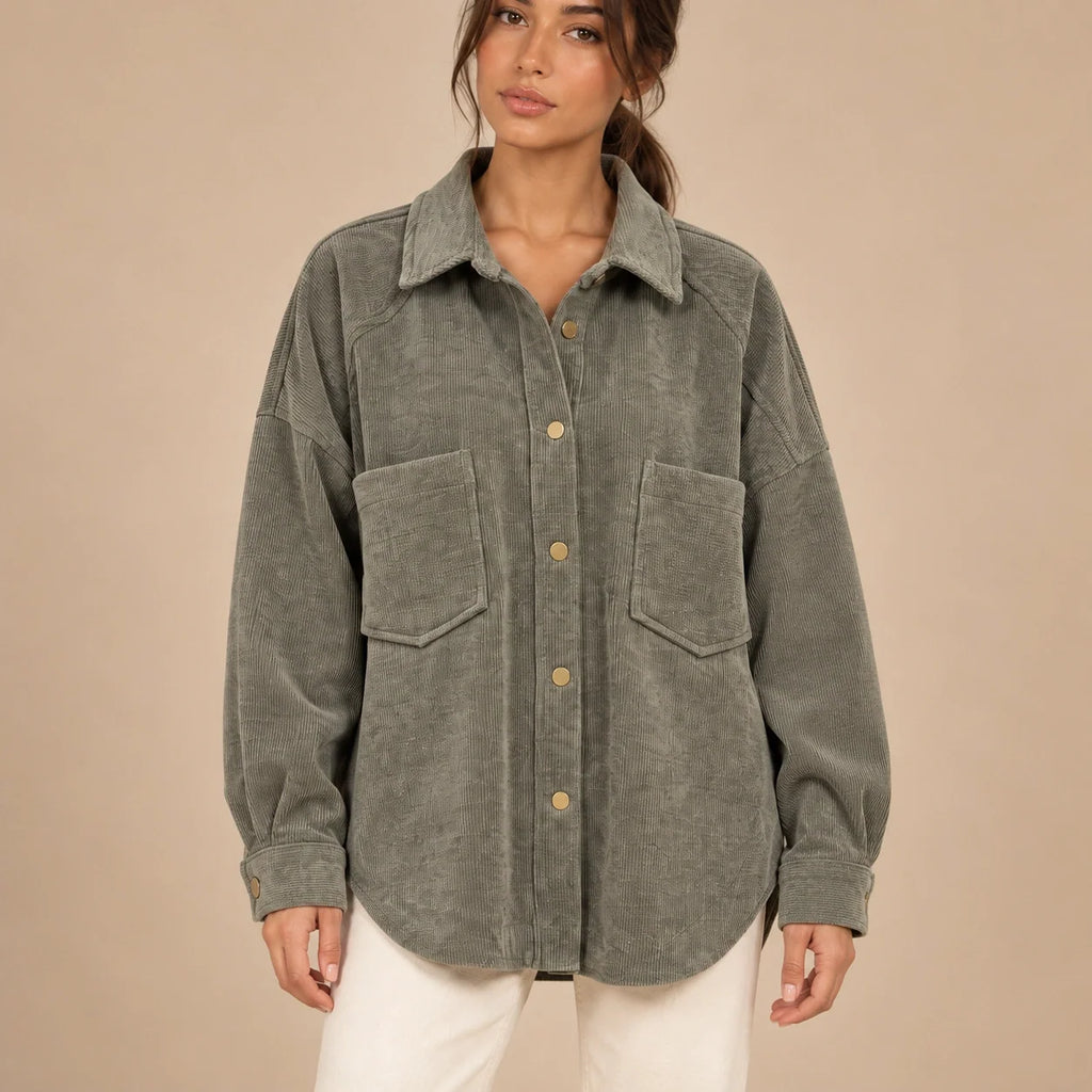 Oversized Corduroy Shacket in Olive — ONE MORE
