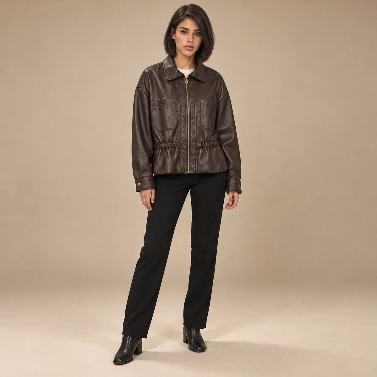 Gathered Waist Leather Bomber in Brown — ONE MORE