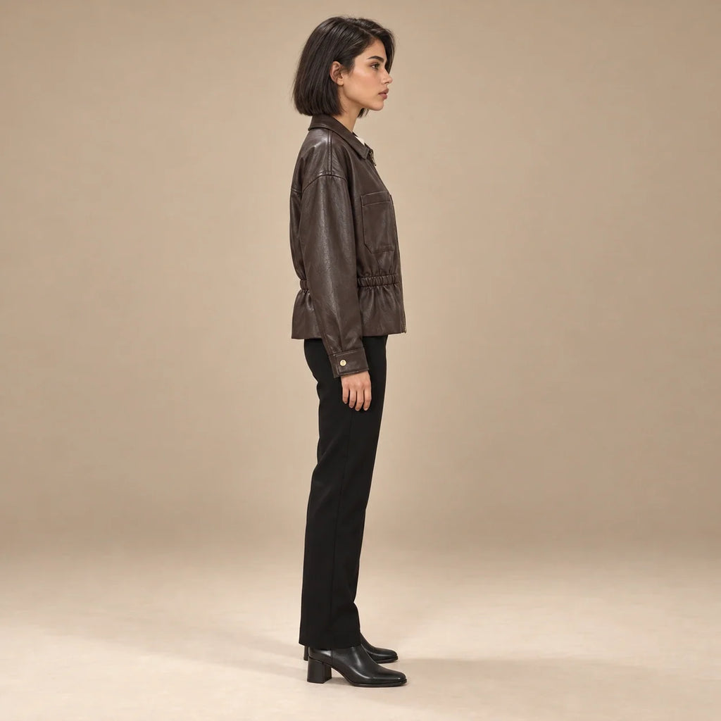 Gathered Waist Leather Bomber in Brown — ONE MORE