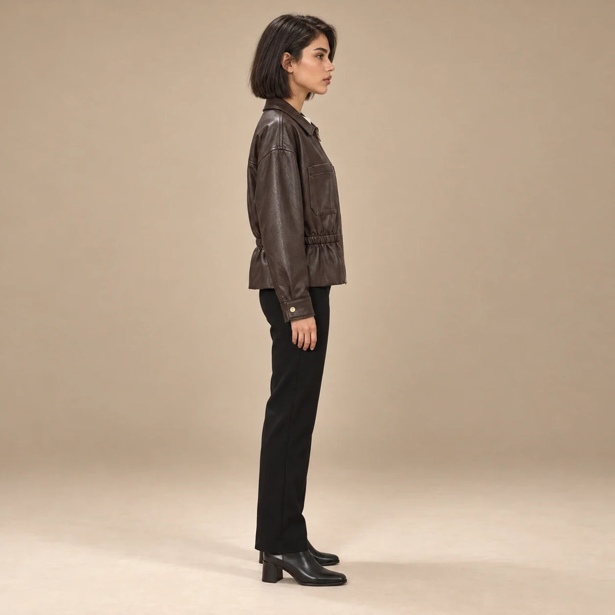 Gathered Waist Leather Bomber in Brown — ONE MORE