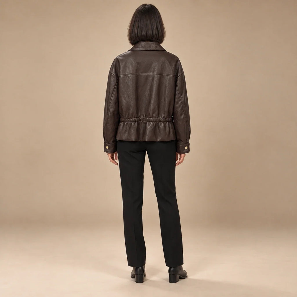Gathered Waist Leather Bomber in Brown — ONE MORE