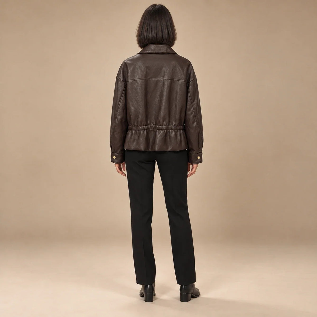Gathered Waist Leather Bomber in Brown — ONE MORE