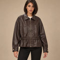 Gathered Waist Leather Bomber in Brown — ONE MORE