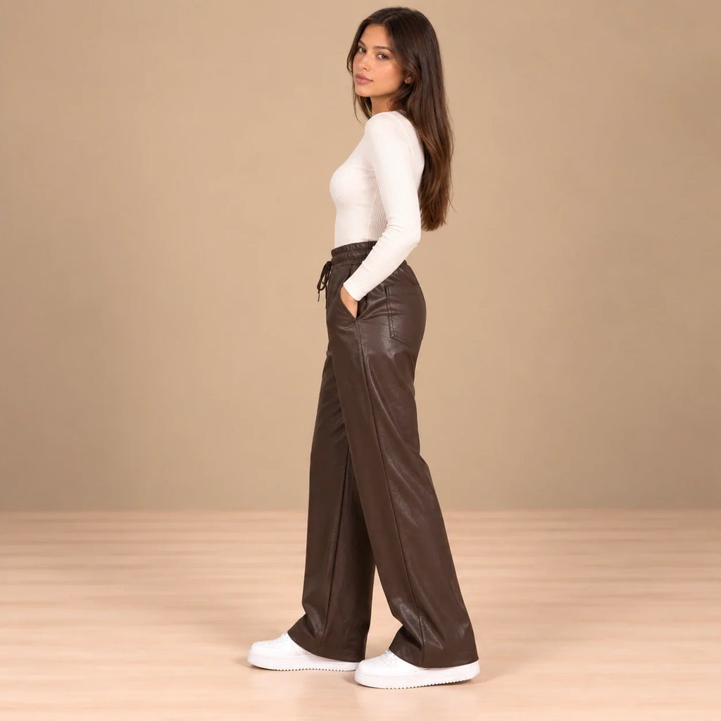 Leather Drawstring Joggers in Brown — ONE MORE