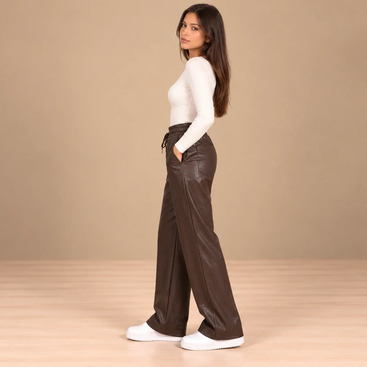 Leather Drawstring Joggers in Brown — ONE MORE