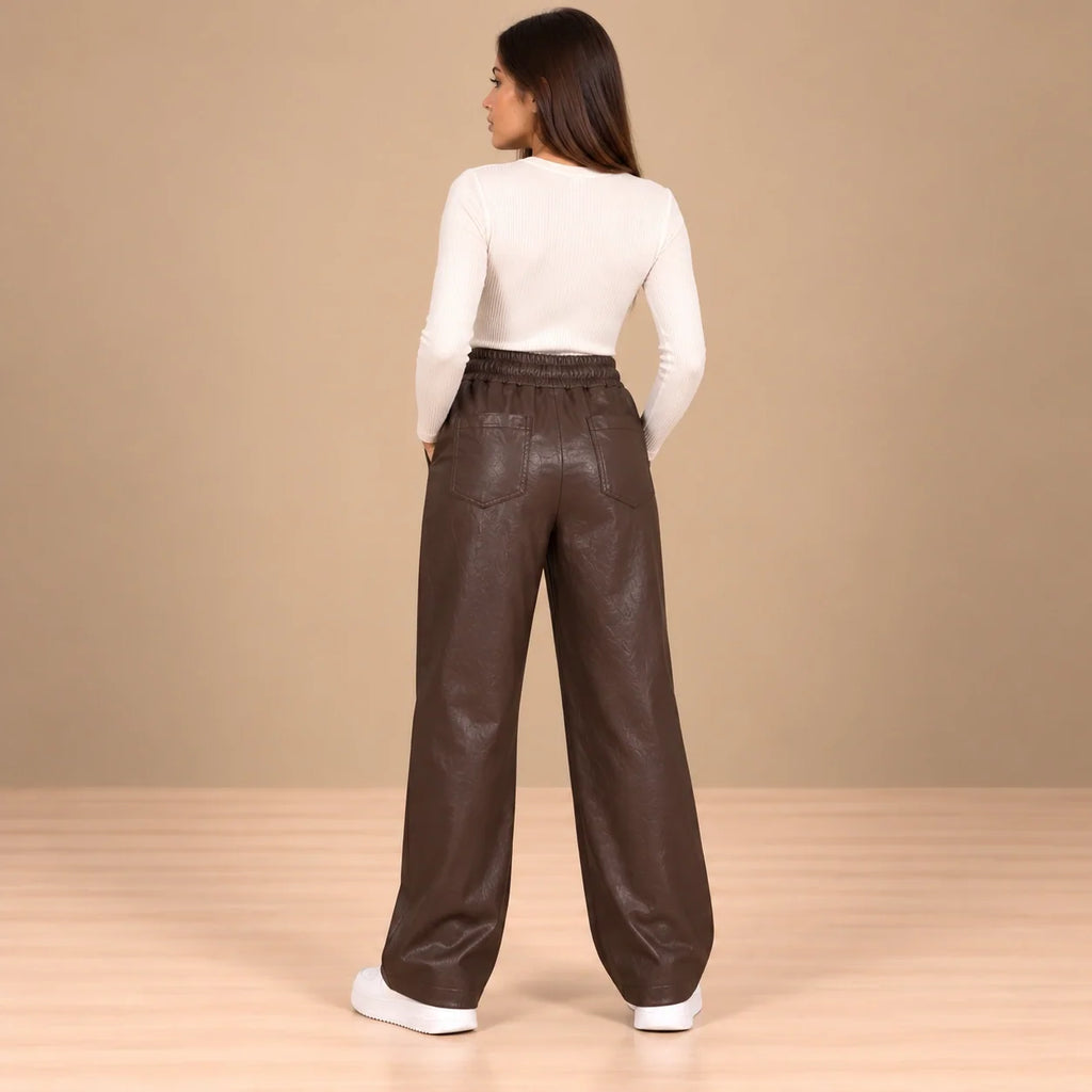 Leather Drawstring Joggers in Brown — ONE MORE