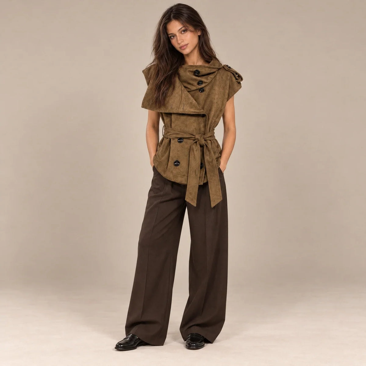 Draped Collar Suede Vest in Brown — ONE MORE