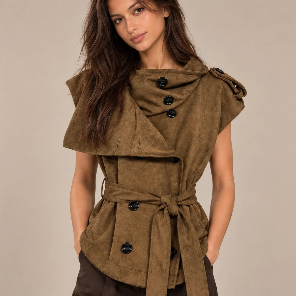 Draped Collar Suede Vest in Brown — ONE MORE