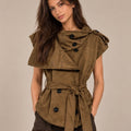 Draped Collar Suede Vest in Brown — ONE MORE