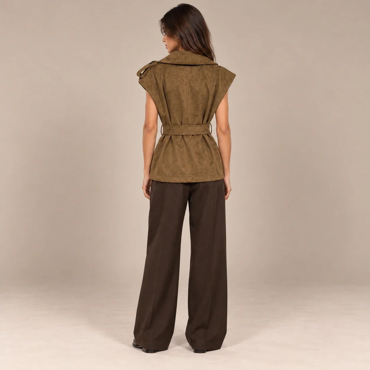 Draped Collar Suede Vest in Brown — ONE MORE