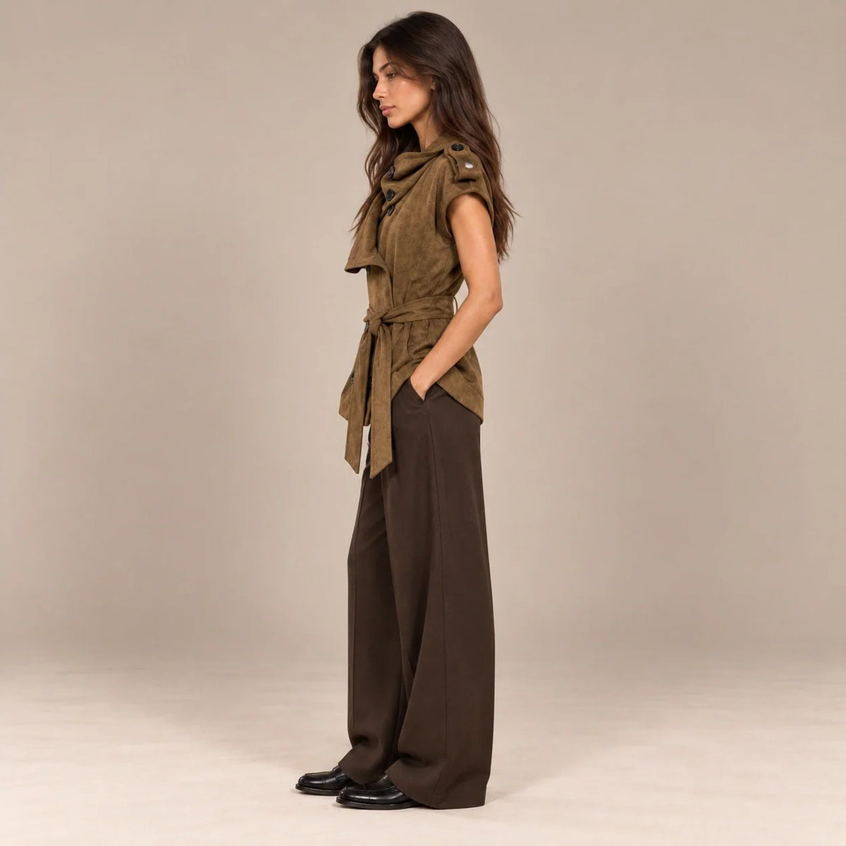 Draped Collar Suede Vest in Brown — ONE MORE