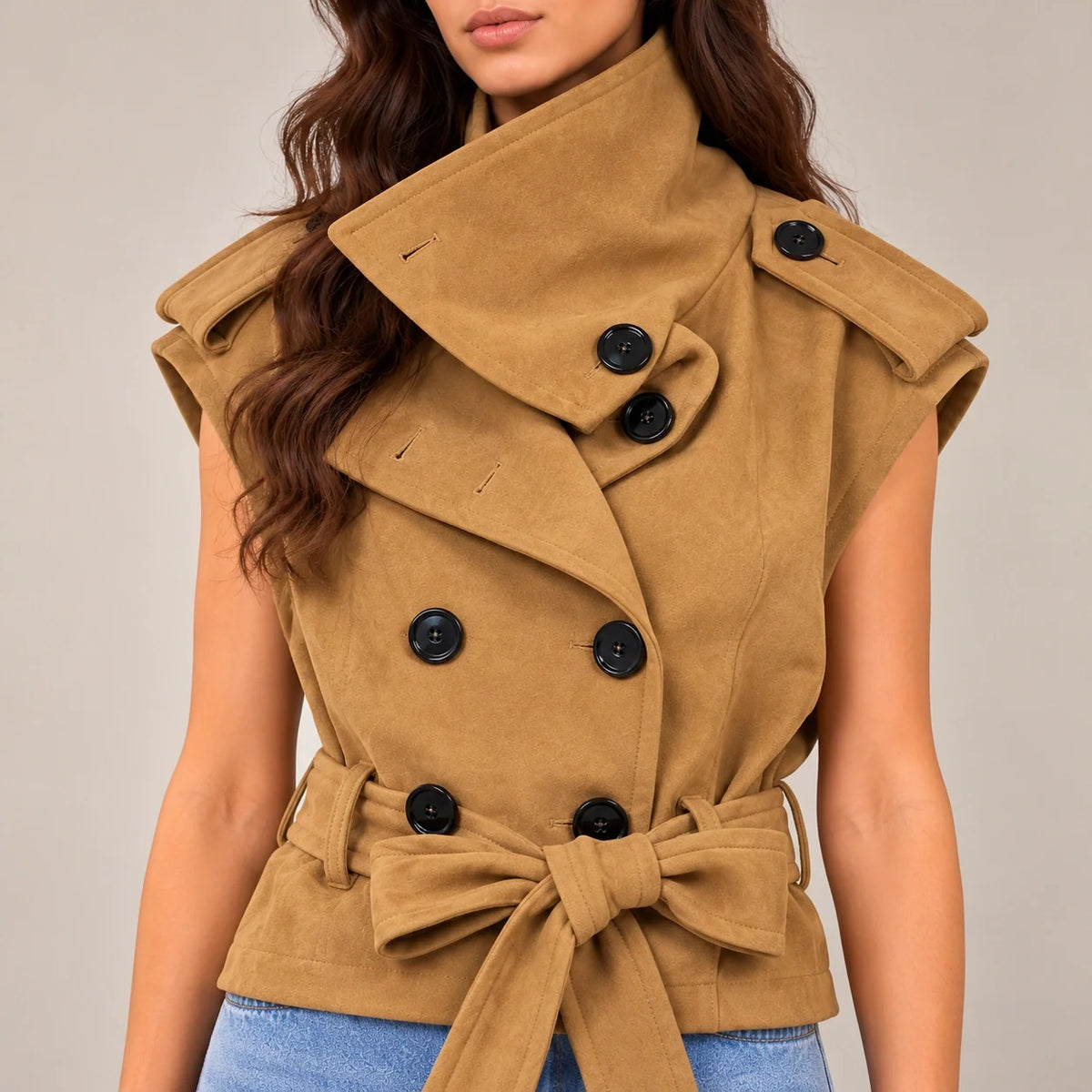 Draped Collar Suede Vest in Camel — ONE MORE