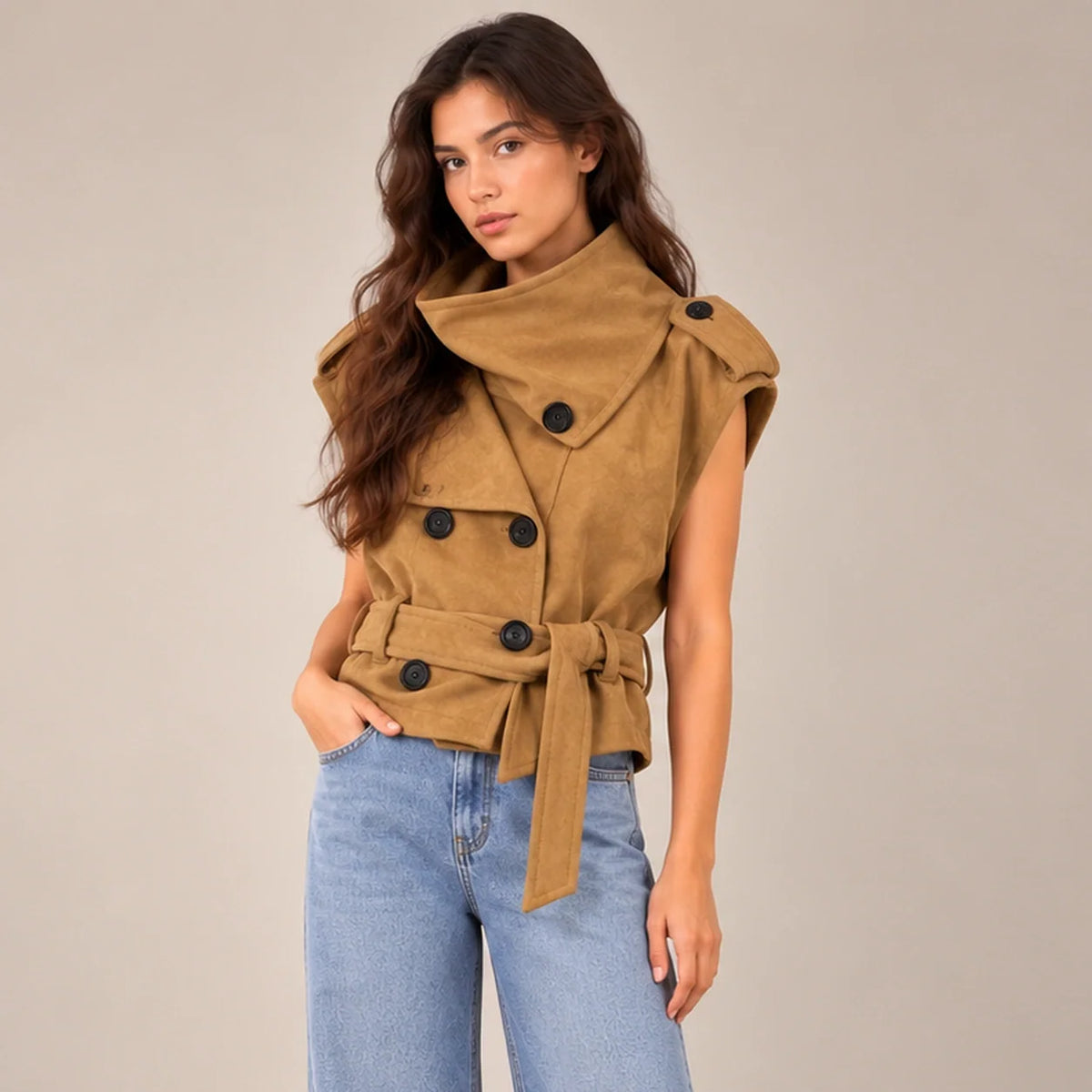 Draped Collar Suede Vest in Camel — ONE MORE