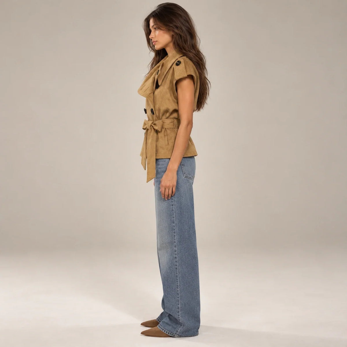 Draped Collar Suede Vest in Camel — ONE MORE